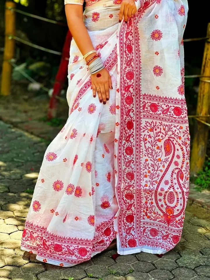 Half silk block print sharee