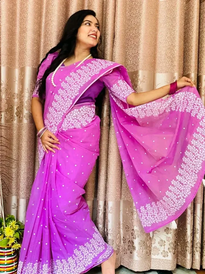 Half silk block print sharee