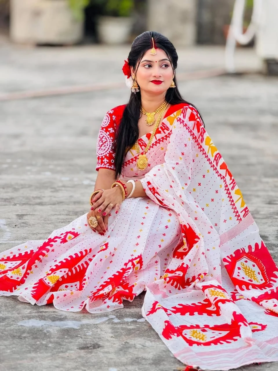 Half silk block print sharee